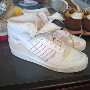 Adidas White High-Tops with Red and Yellow Accents